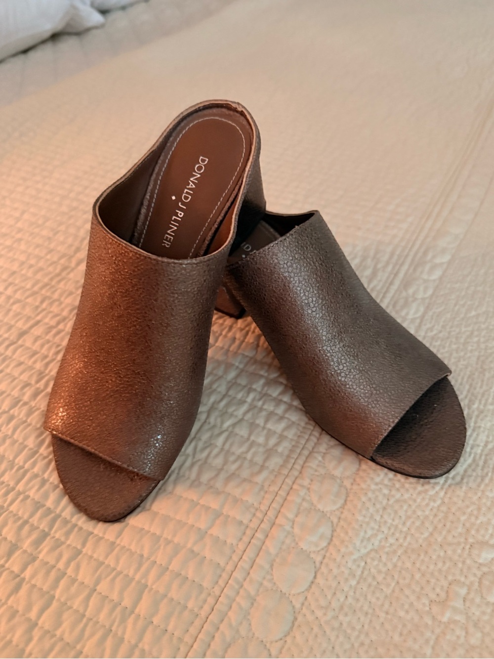 DONALD J. PLINER  Metallic Bronze Open-Toe Slide Mules